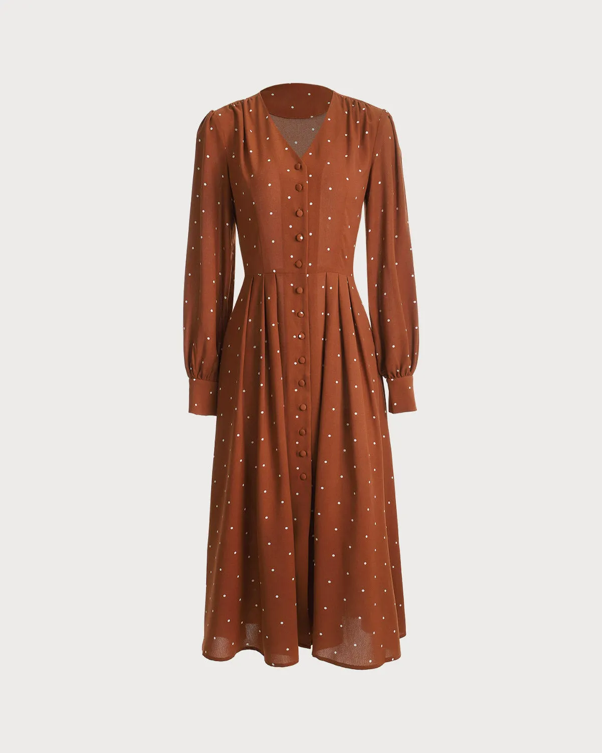 Brown Polka Dot Pleated Midi Dress sold by rihoas product image thumbnail 4