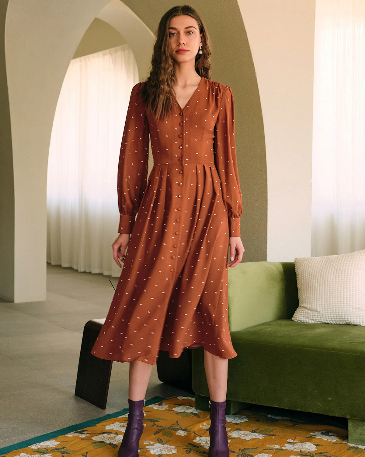 Brown Polka Dot Pleated Midi Dress sold by rihoas product image thumbnail 3