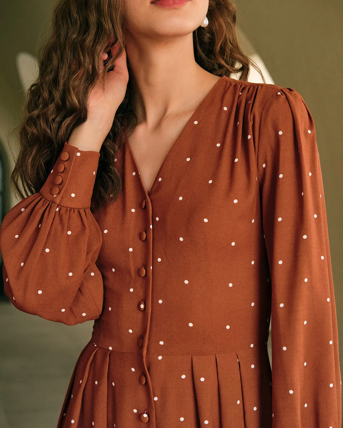 Brown Polka Dot Pleated Midi Dress sold by rihoas product image thumbnail 2