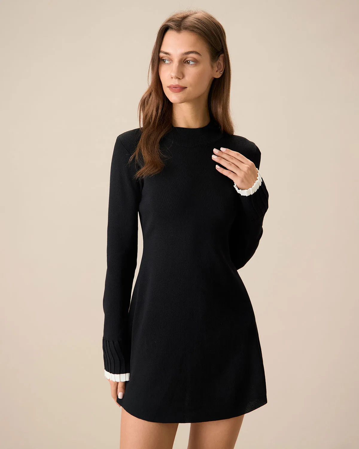 Women's Black Contrasting Long Sleeve Sweater Mini Dress sold by rihoas