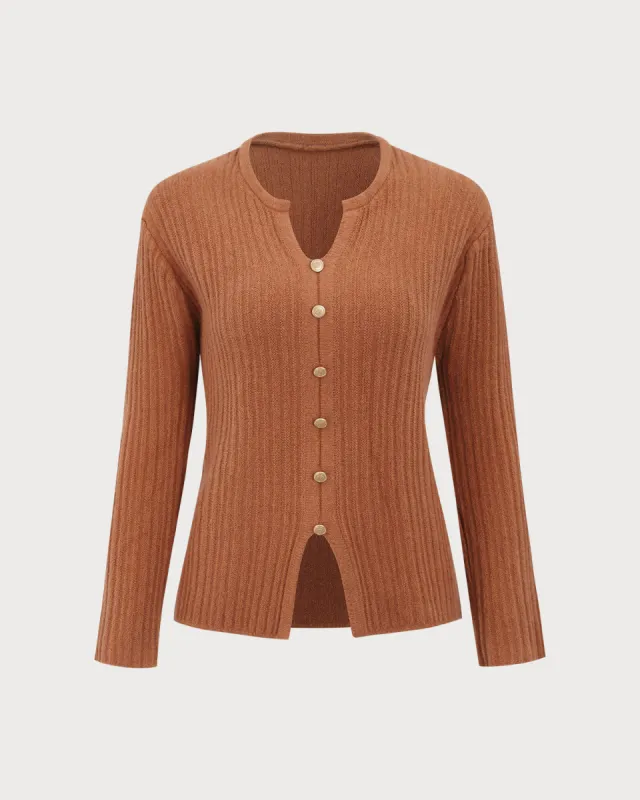 Caramel Button Slim Slit Cardigan sold by rihoas