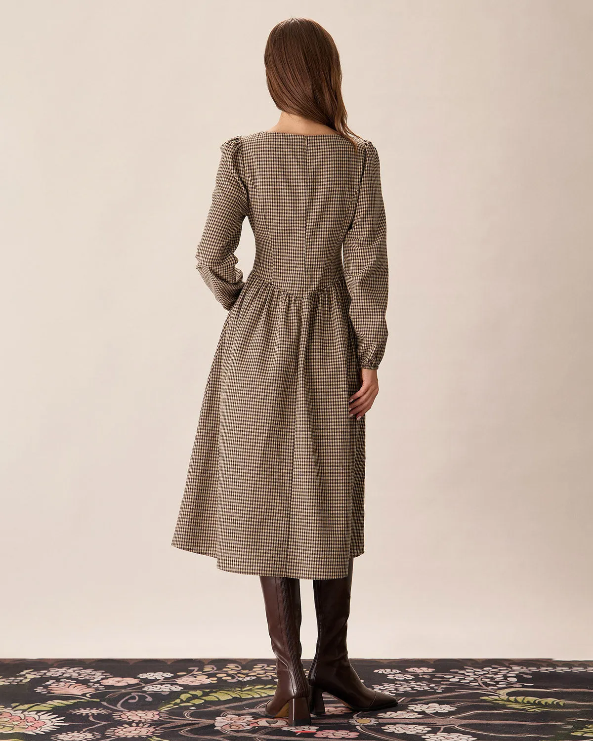 Brown Plaid Square Neck Ruched Midi Dress sold by rihoas product image thumbnail 5