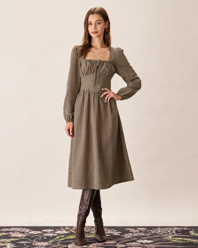Brown Plaid Square Neck Ruched Midi Dress sold by rihoas