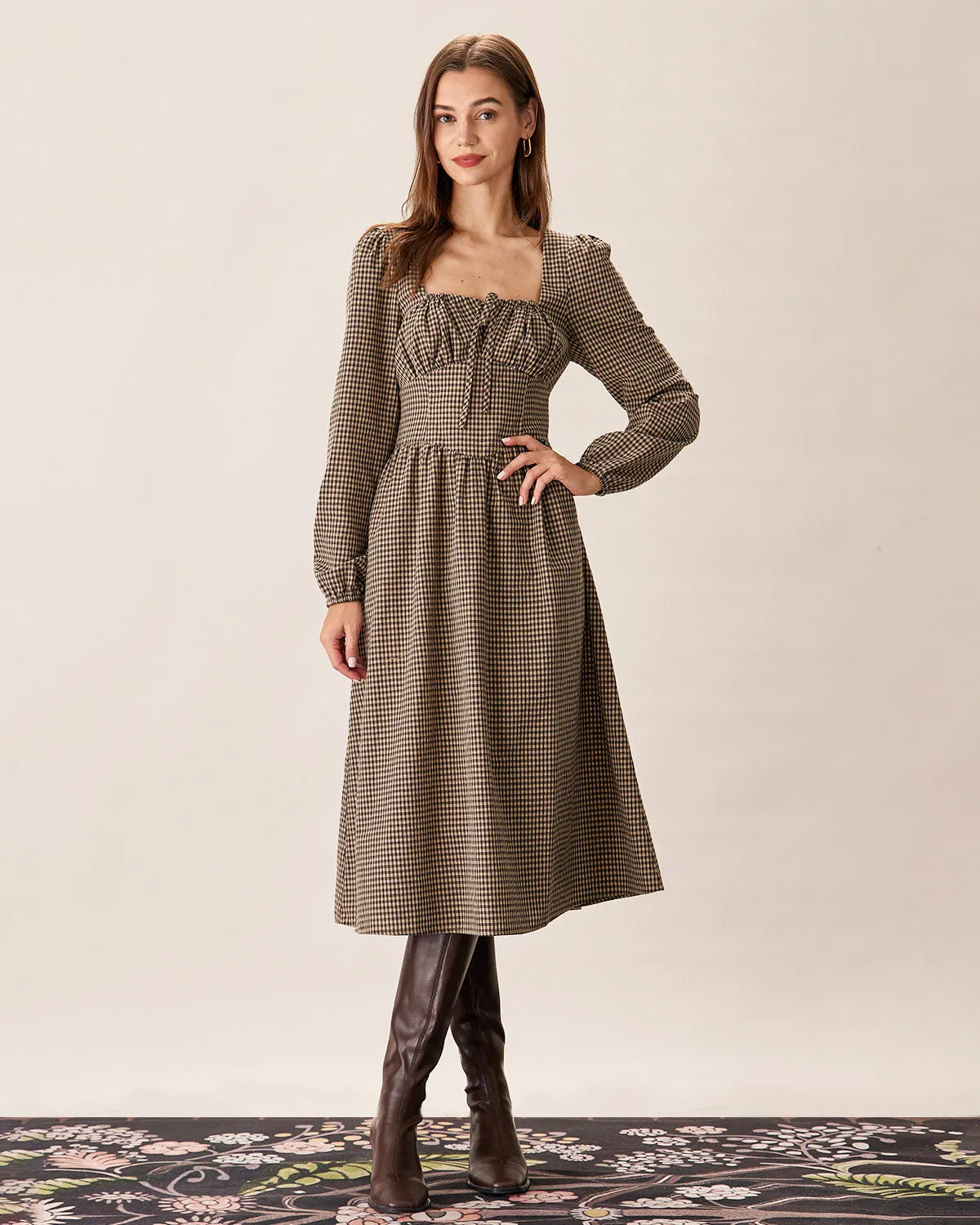 Brown Plaid Square Neck Ruched Midi Dress sold by rihoas