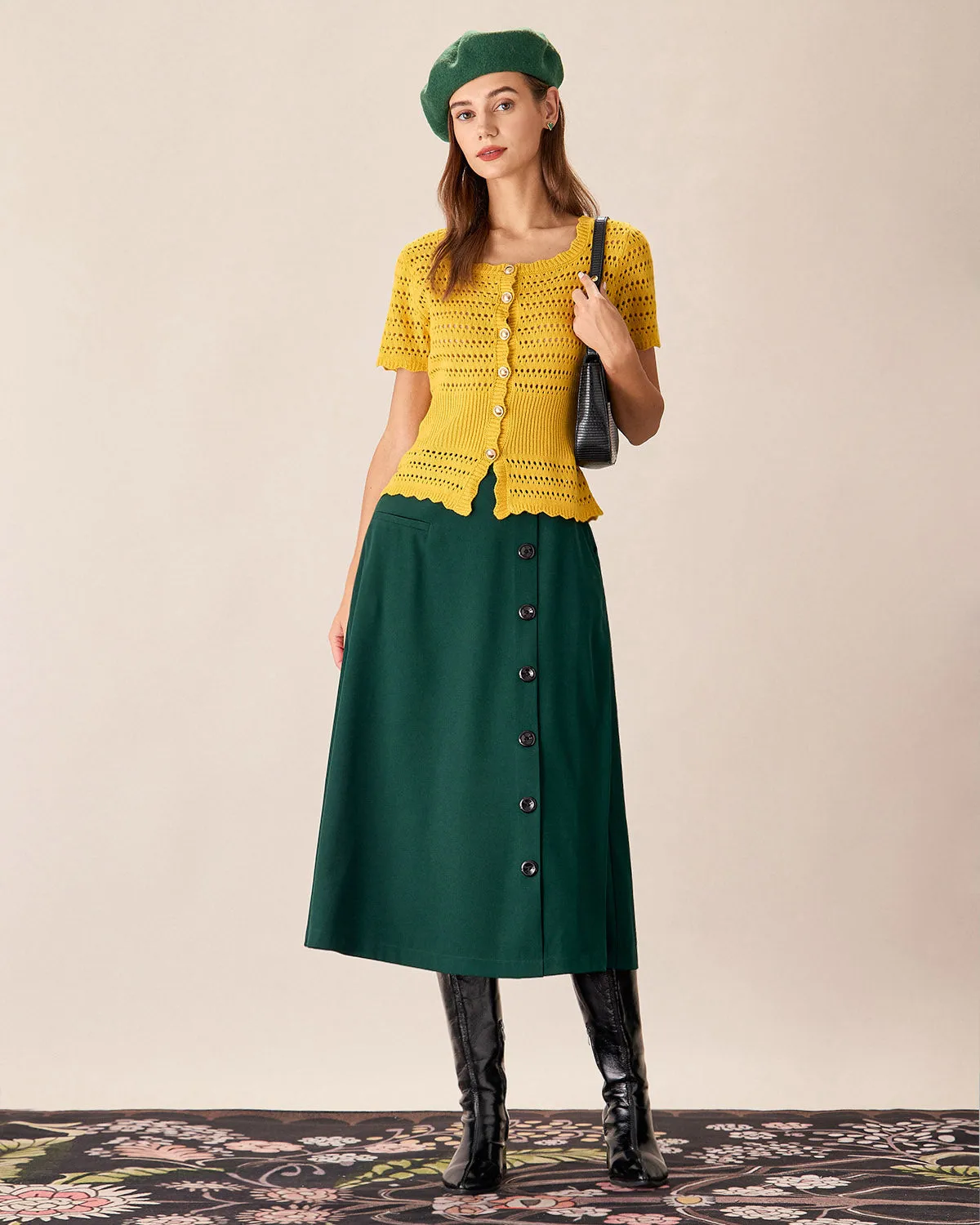 Green High-waisted Button Midi Skirt sold by rihoas product image thumbnail 3
