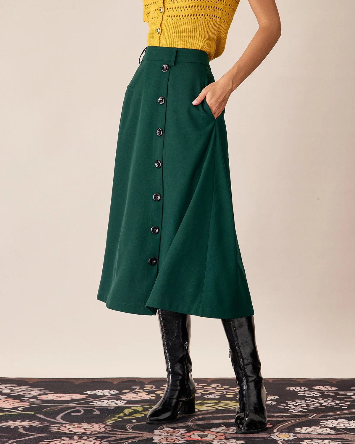Green High-waisted Button Midi Skirt sold by rihoas