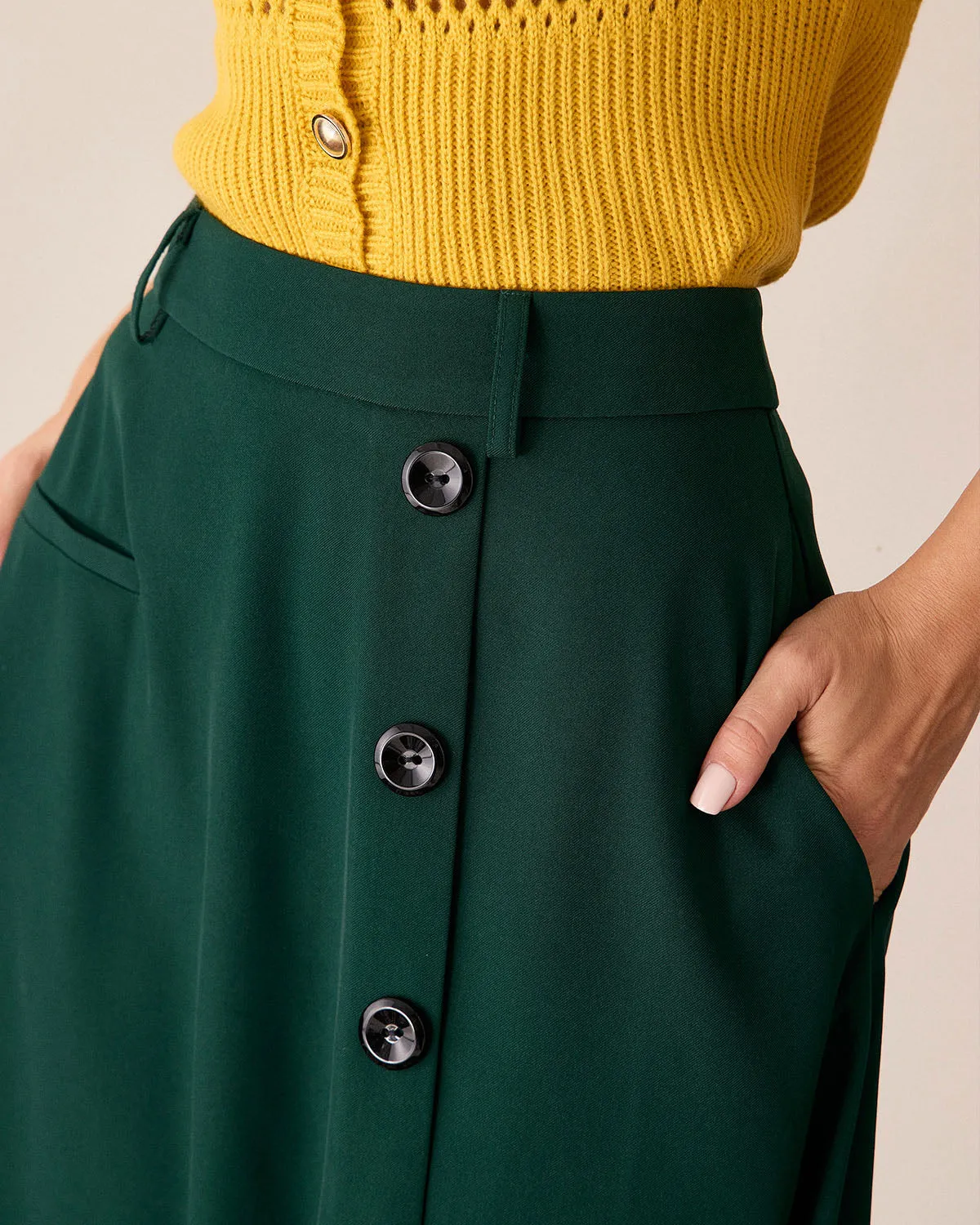 Green High-waisted Button Midi Skirt sold by rihoas product image thumbnail 2