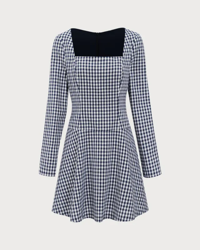Navy Square Neck Plaid Mini Dress sold by rihoas