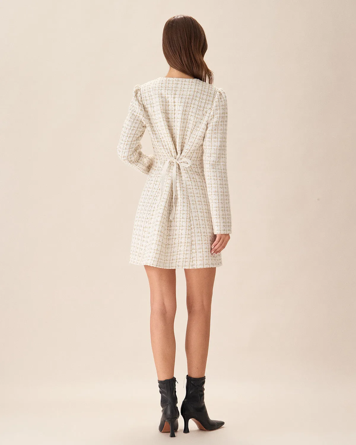 White Square Neck Tweed Mini Dress sold by rihoas product image thumbnail 4