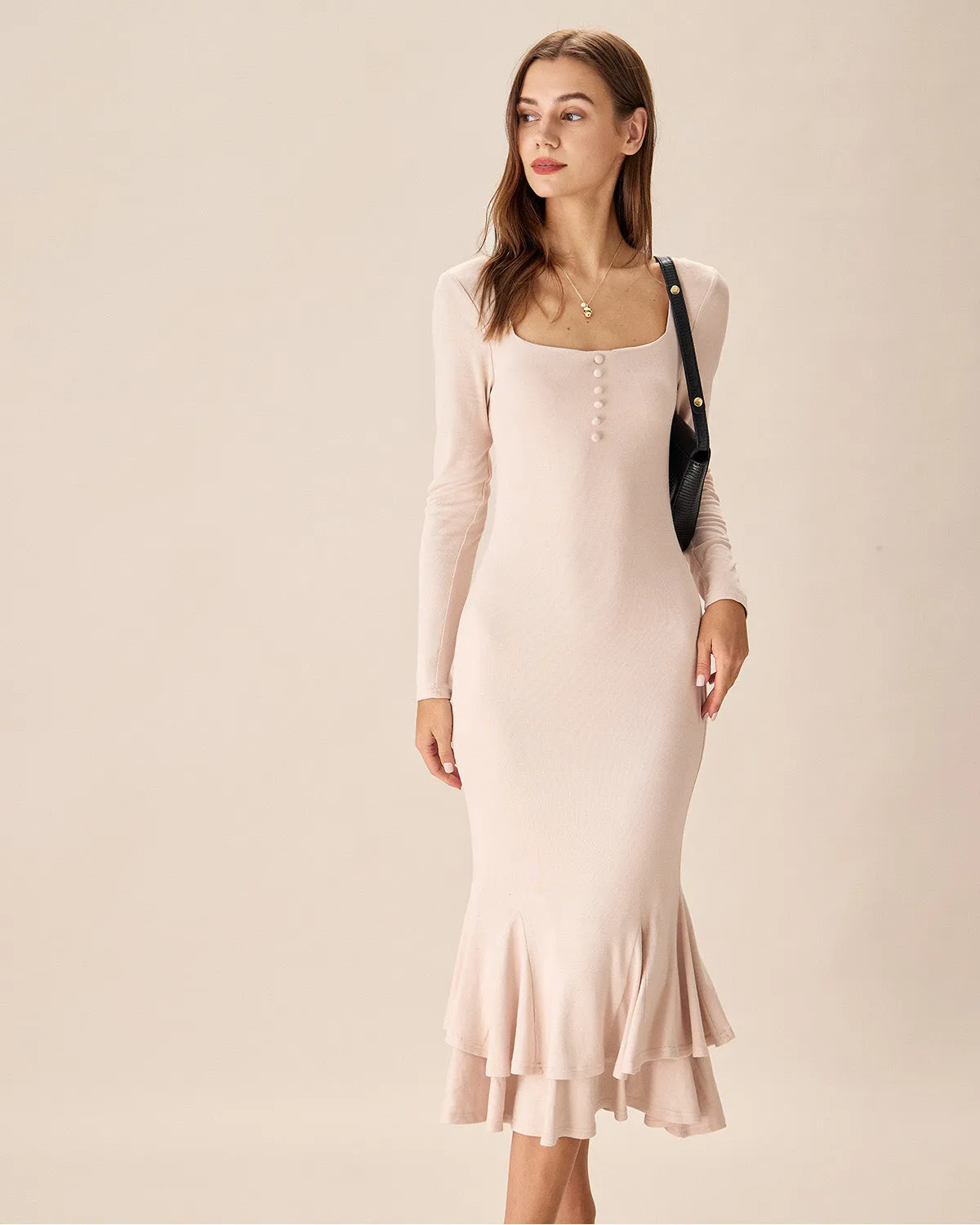 Apricot Square Neck Mermaid Midi Dress sold by rihoas