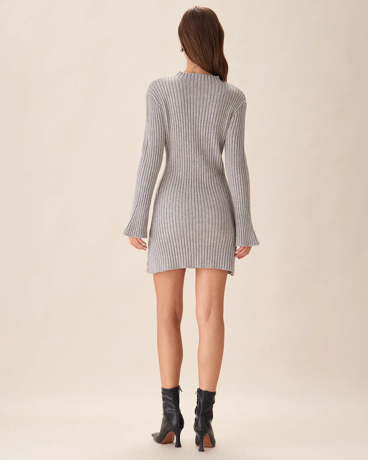 Grey Crew Neck Bell Sleeve Sweater Dress sold by rihoas product image thumbnail 4
