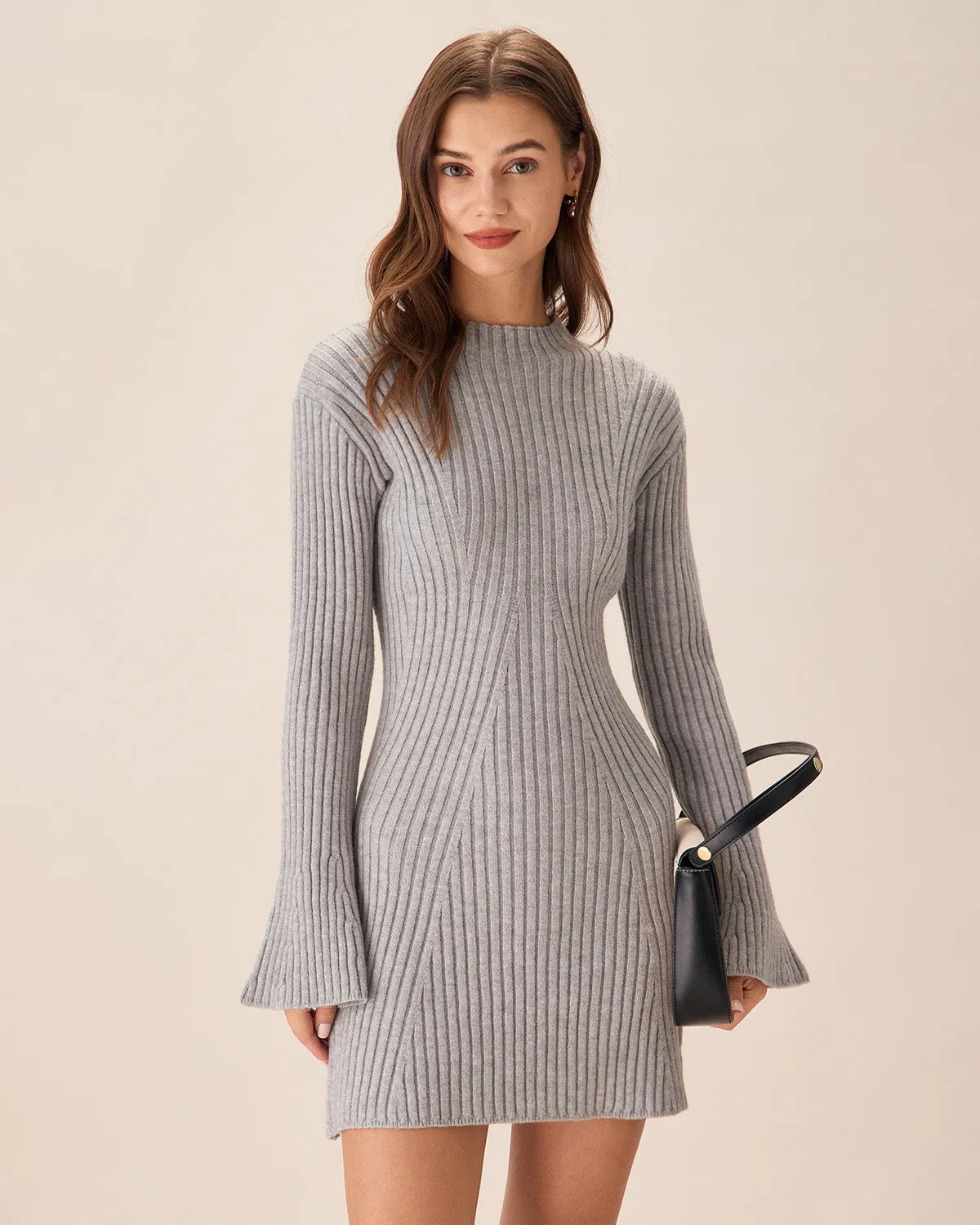 Grey Crew Neck Bell Sleeve Sweater Dress sold by rihoas