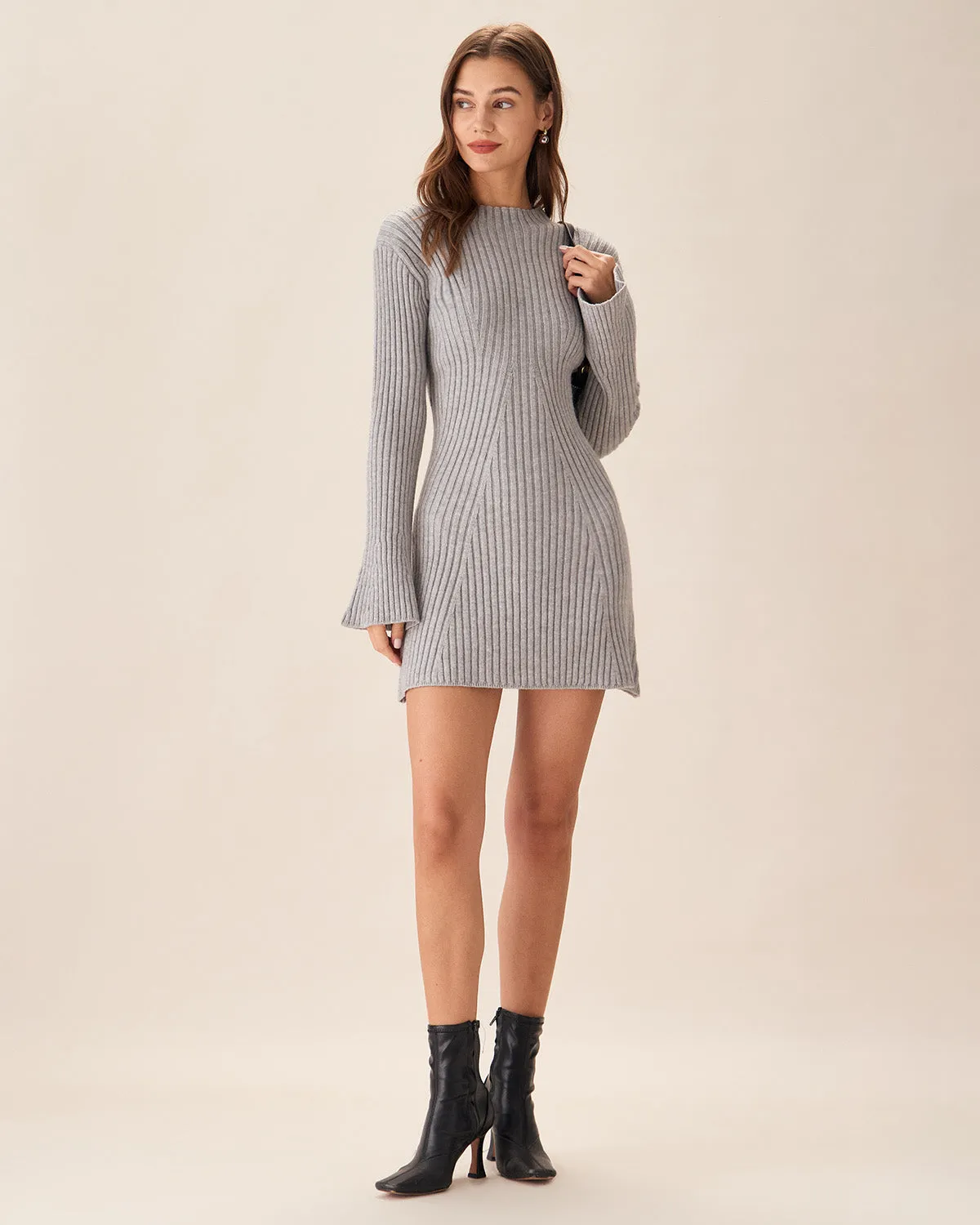 Grey Crew Neck Bell Sleeve Sweater Dress sold by rihoas product image thumbnail 3