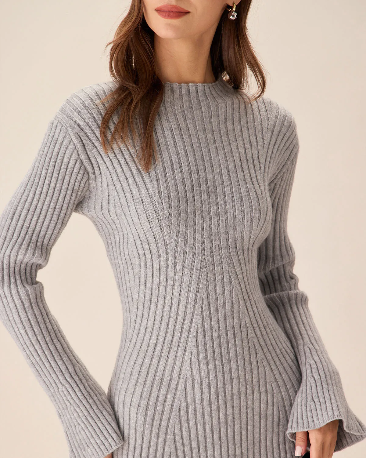 Grey Crew Neck Bell Sleeve Sweater Dress sold by rihoas product image thumbnail 2