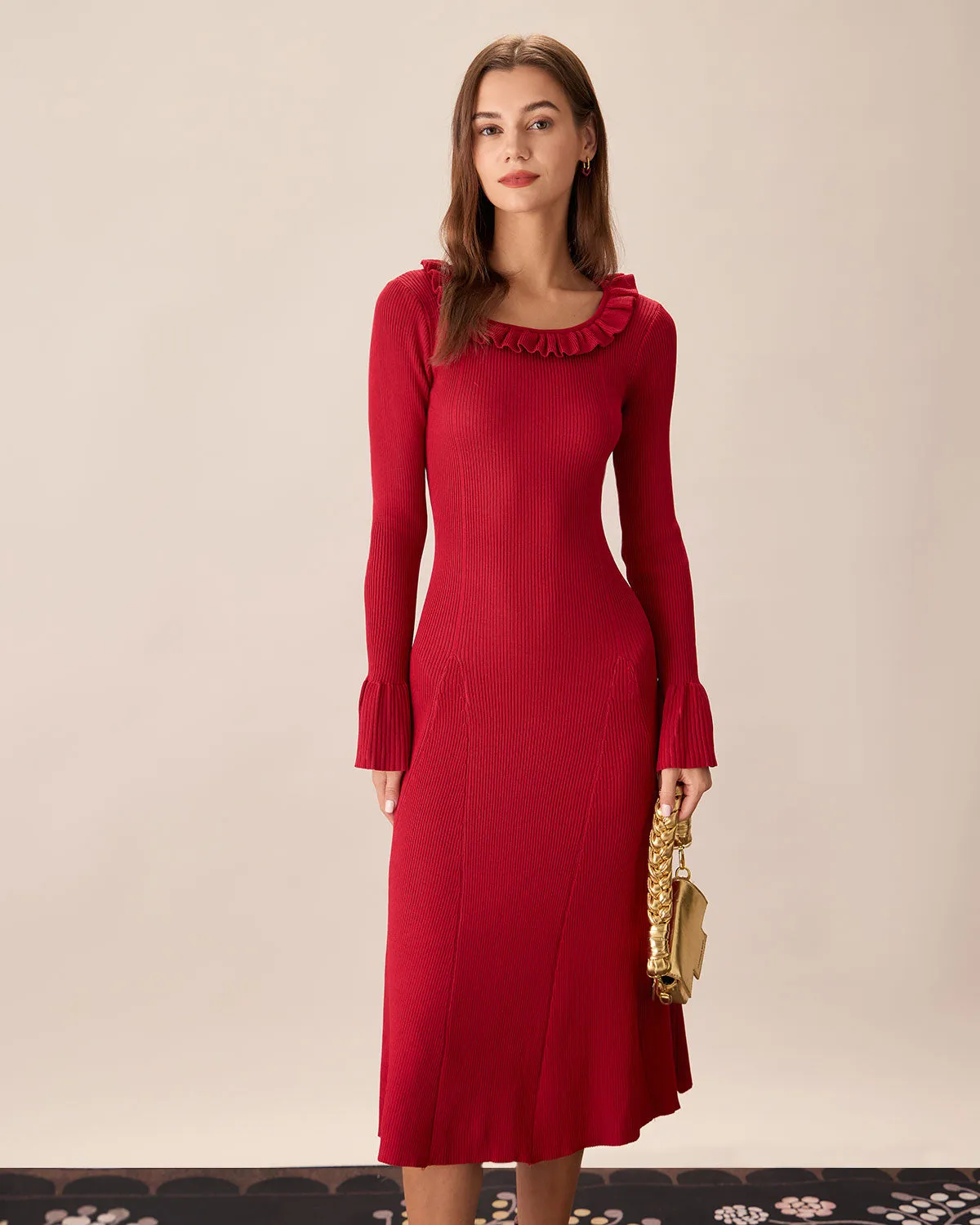 Red Round Neck Ruffle Sweater Dress sold by rihoas