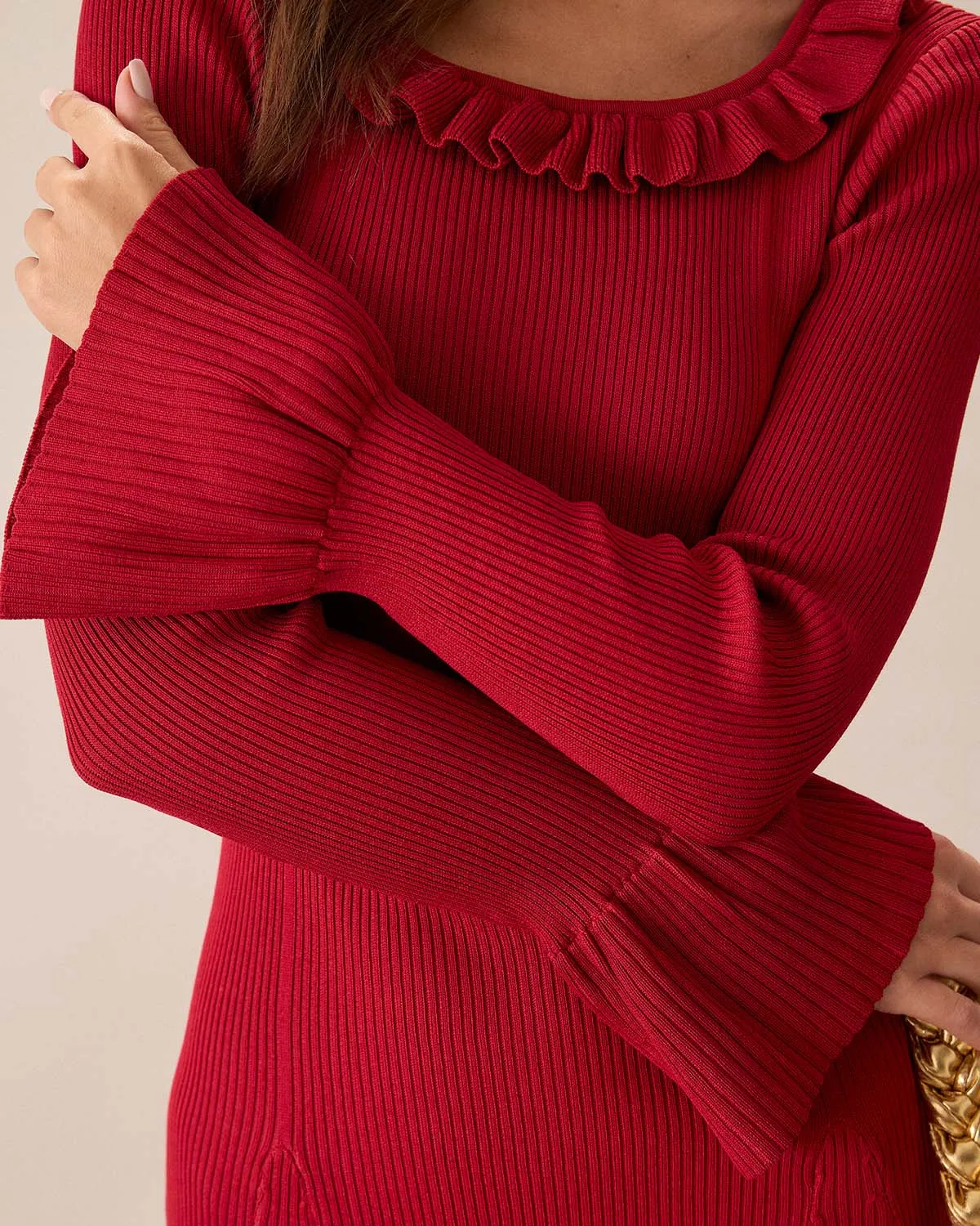 Red Round Neck Ruffle Sweater Dress sold by rihoas product image thumbnail 2