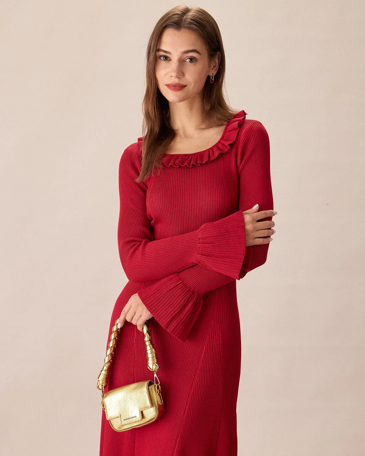 Red Round Neck Ruffle Sweater Dress sold by rihoas product image thumbnail 3