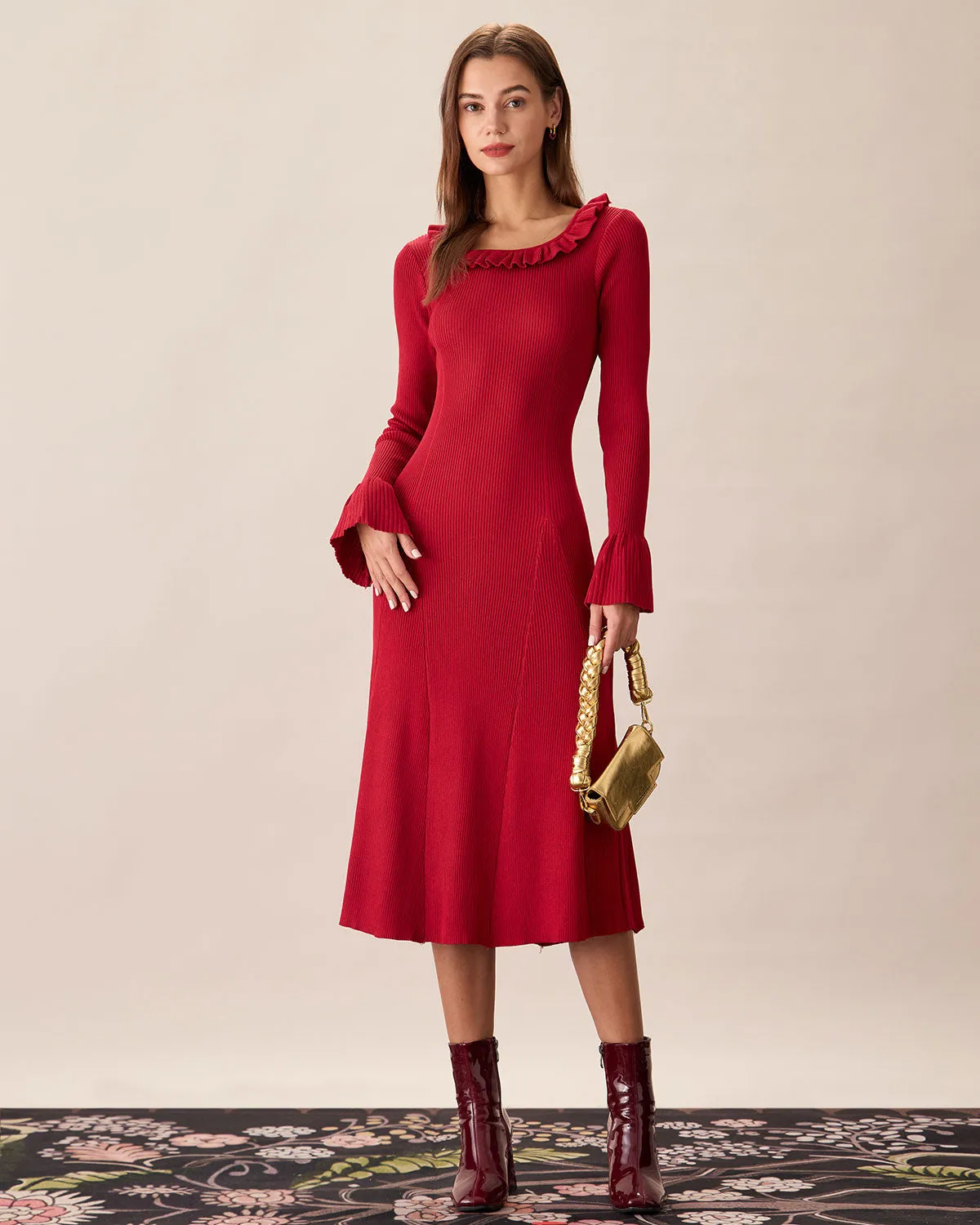 Red Round Neck Ruffle Sweater Dress sold by rihoas product image thumbnail 5