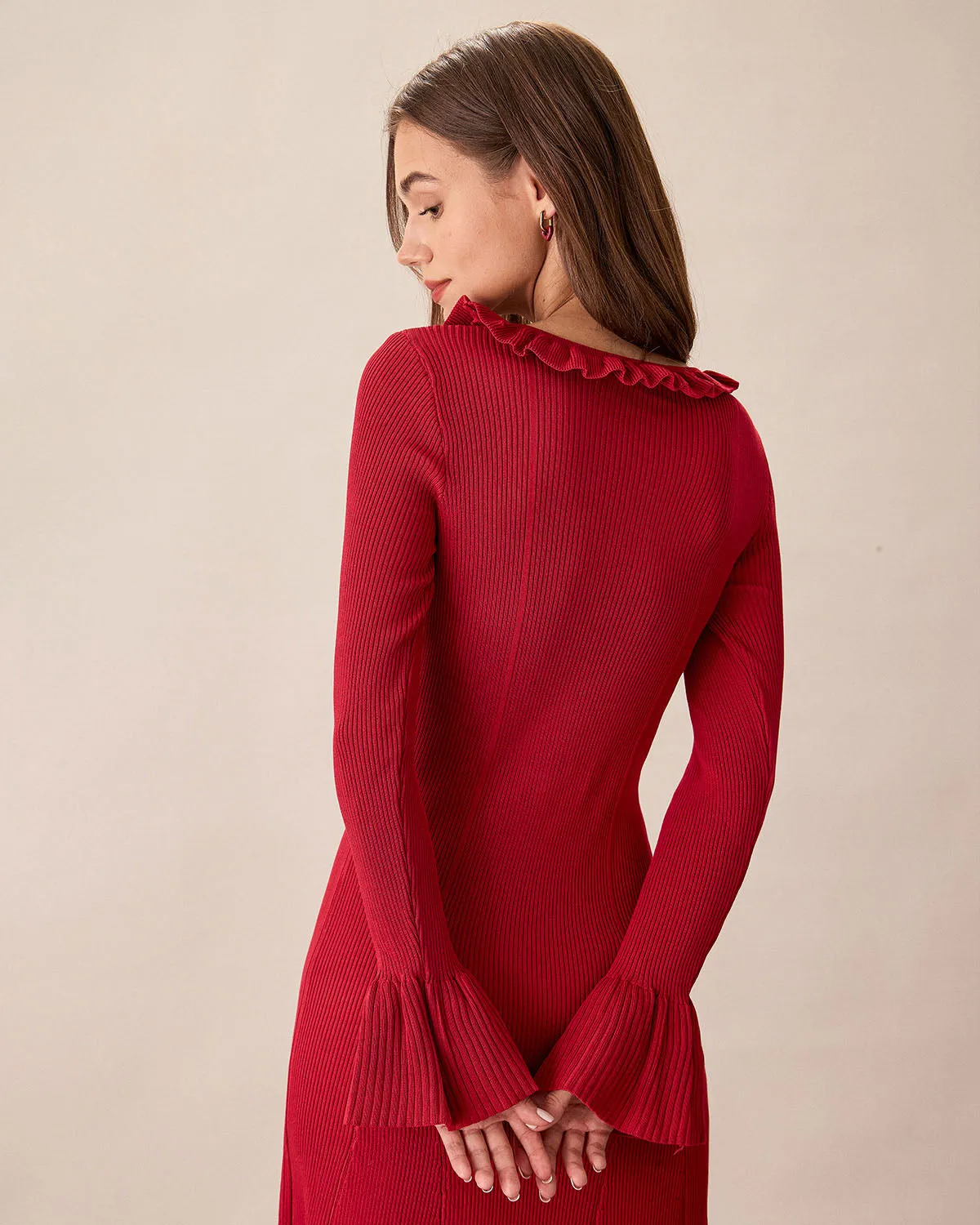 Red Round Neck Ruffle Sweater Dress sold by rihoas product image thumbnail 4