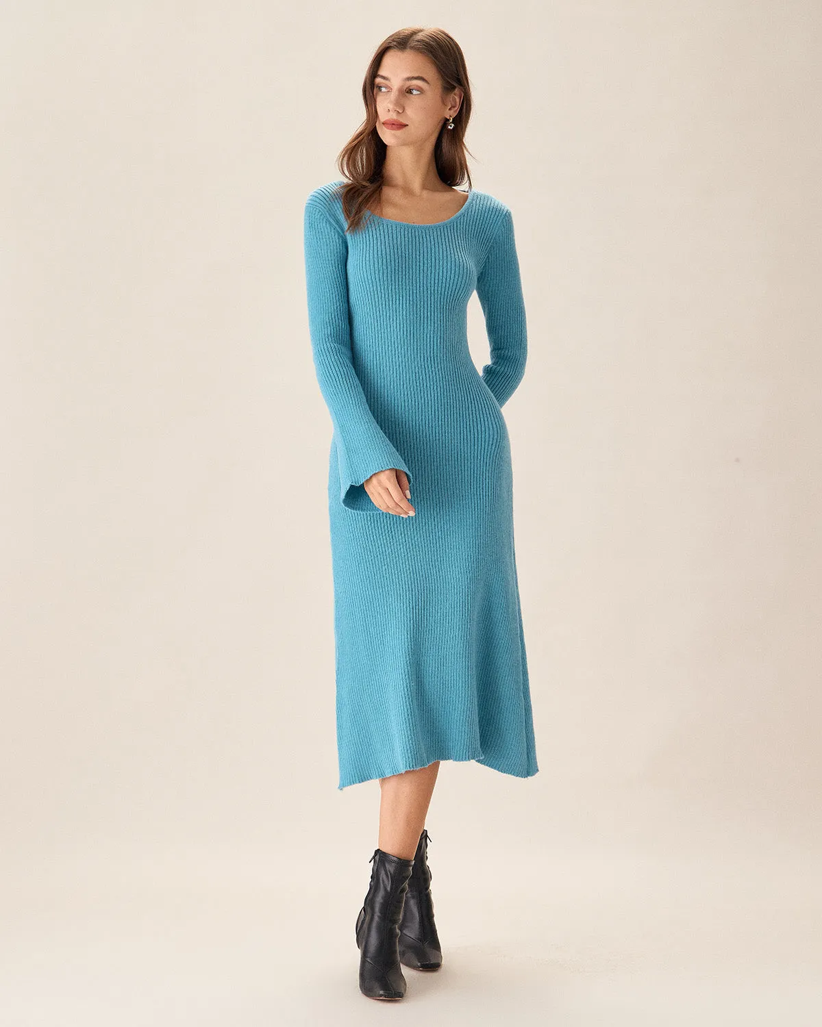 Blue U Neck Bell Sleeve Sweater Dress sold by rihoas product image thumbnail 3