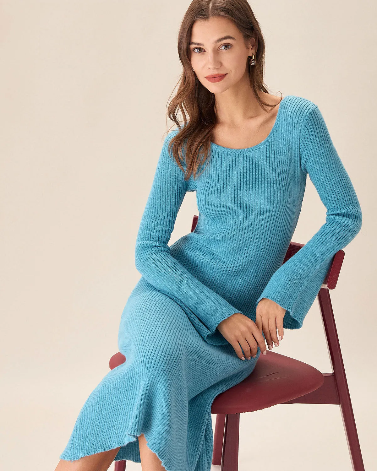 Blue U Neck Bell Sleeve Sweater Dress sold by rihoas product image thumbnail 5