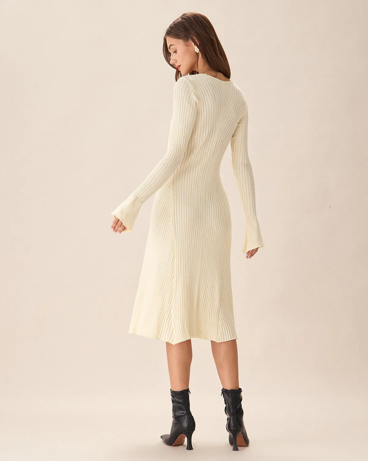 Apricot V-Neck Bell Sleeve Sweater Dress sold by rihoas product image thumbnail 4