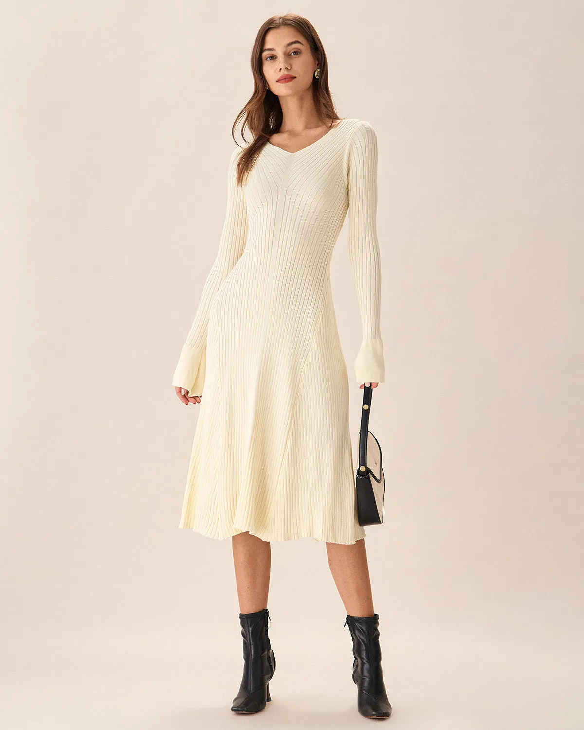 Apricot V-Neck Bell Sleeve Sweater Dress sold by rihoas product image thumbnail 3