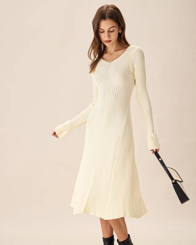 Apricot V-Neck Bell Sleeve Sweater Dress sold by rihoas
