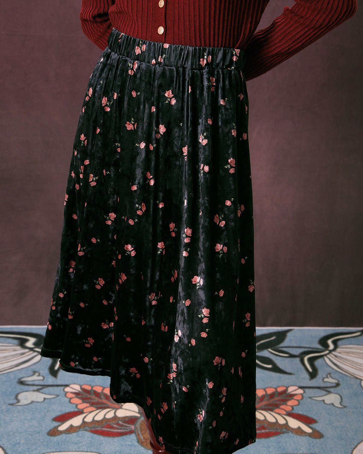 The Black Elastic Waist Floral Velvet Midi Skirt sold by rihoas product image thumbnail 5
