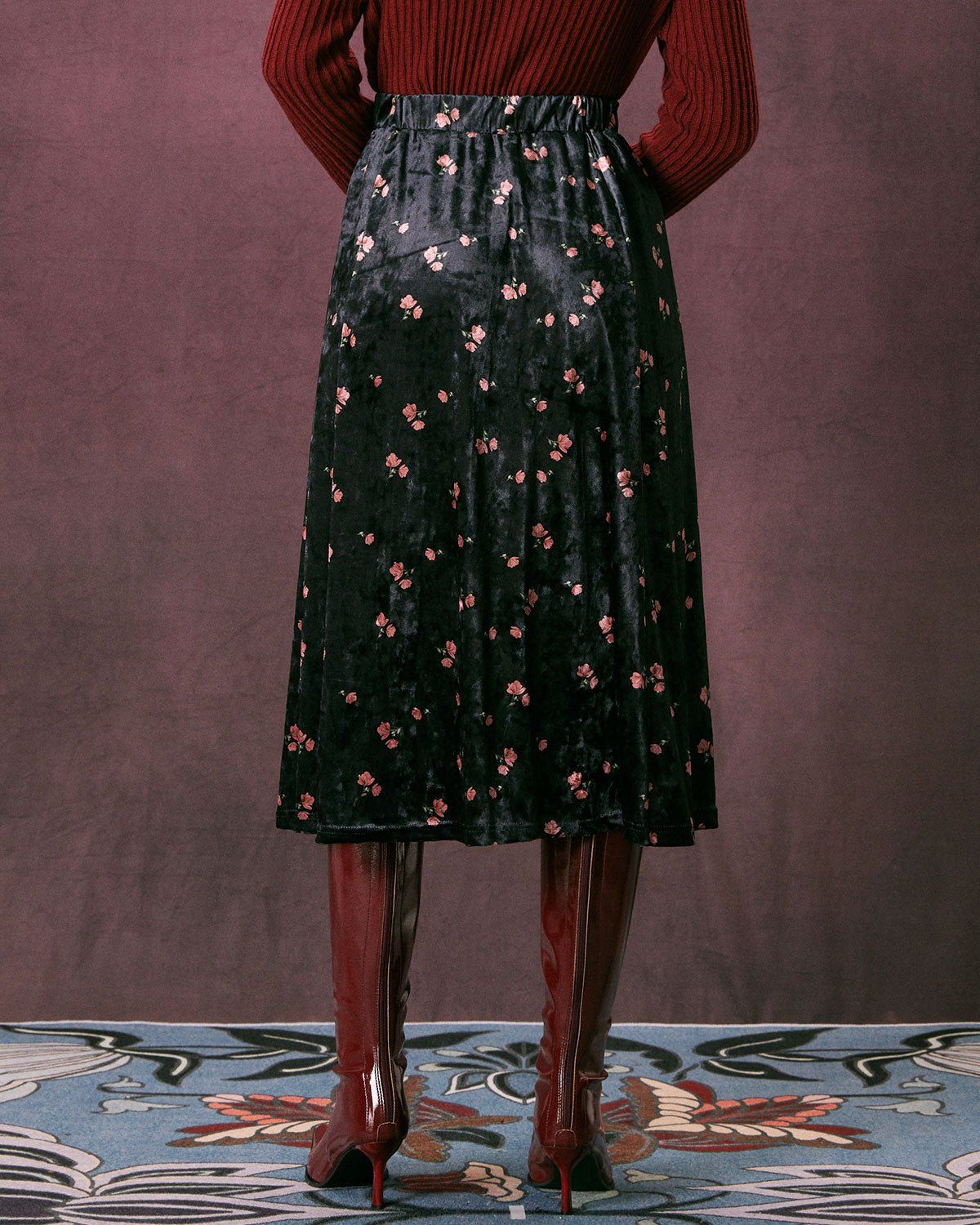 The Black Elastic Waist Floral Velvet Midi Skirt sold by rihoas product image thumbnail 6