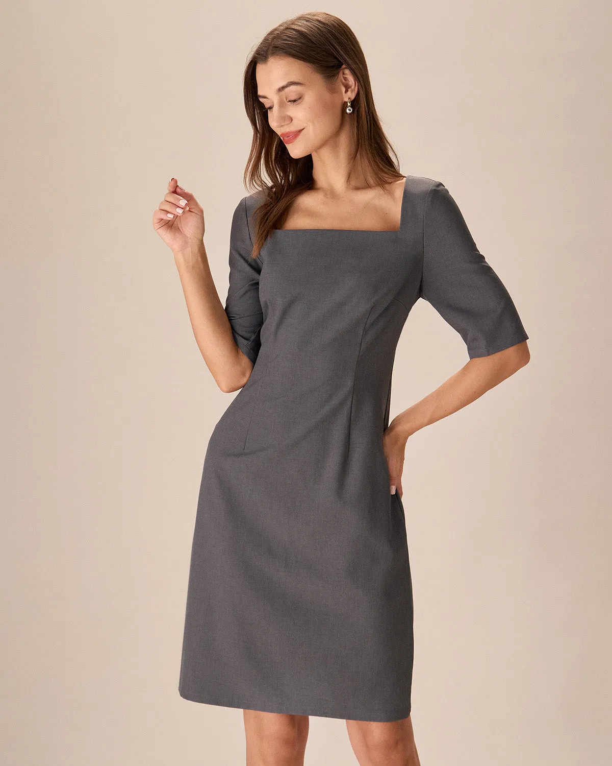 Grey Square Neck Slit Midi Dress sold by rihoas