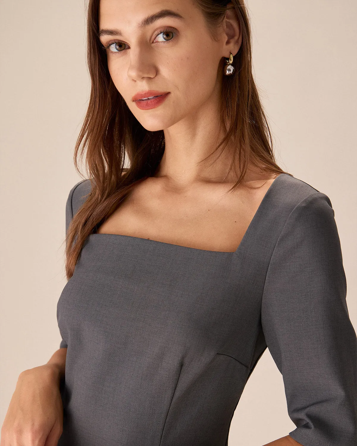 Grey Square Neck Slit Midi Dress sold by rihoas product image thumbnail 2