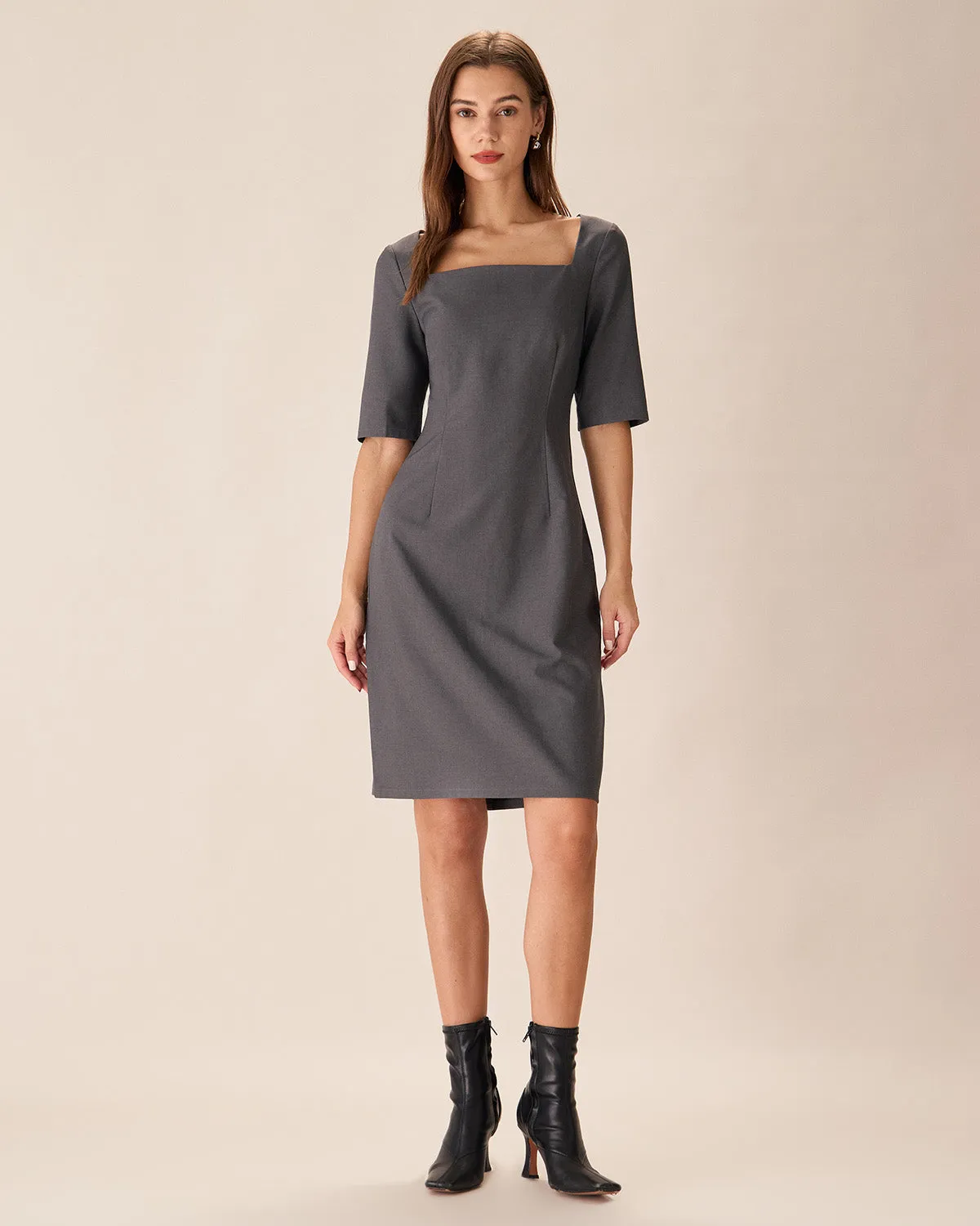 Grey Square Neck Slit Midi Dress sold by rihoas product image thumbnail 3