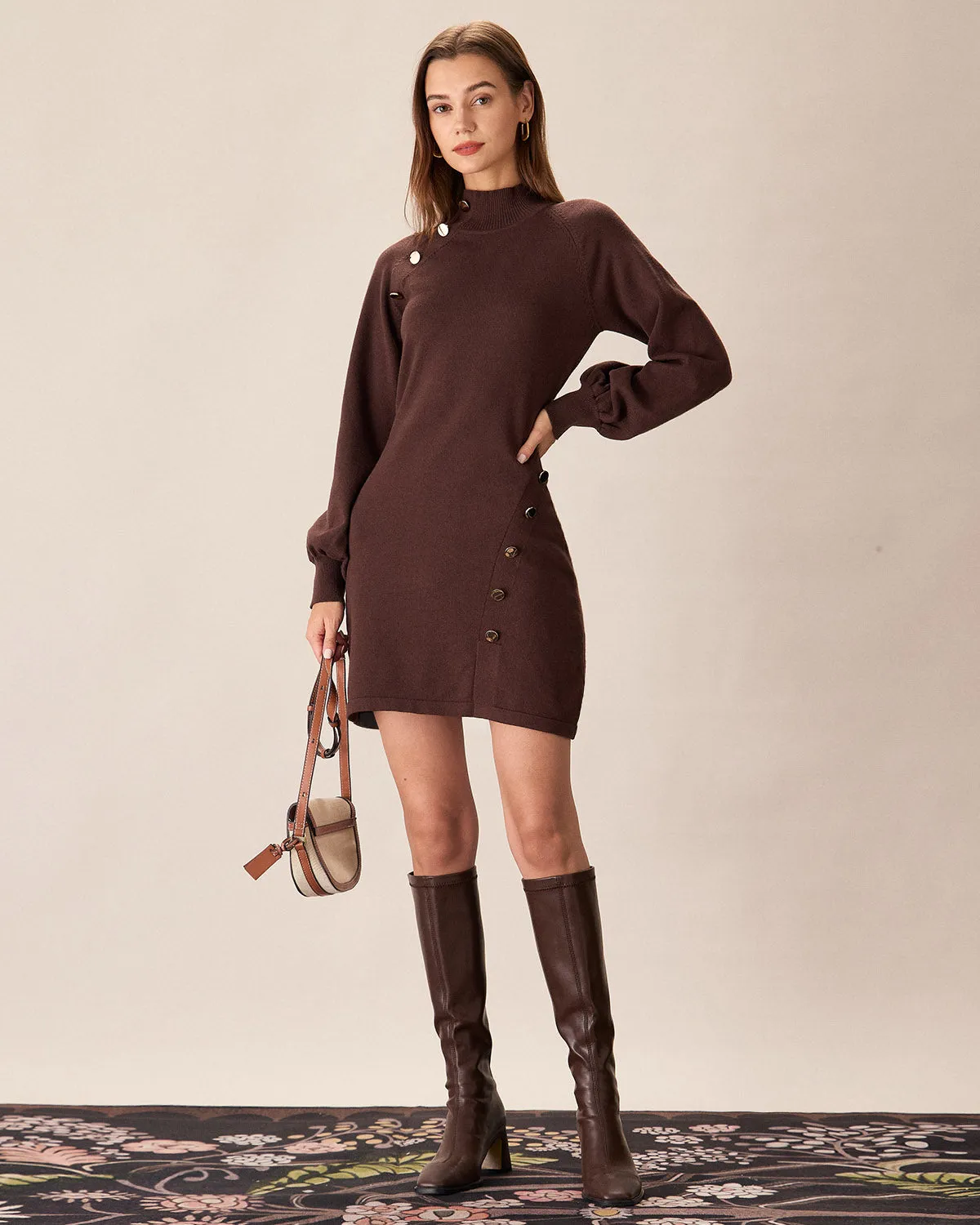 Brown Mock Neck Button Sweater Dress sold by rihoas product image thumbnail 4