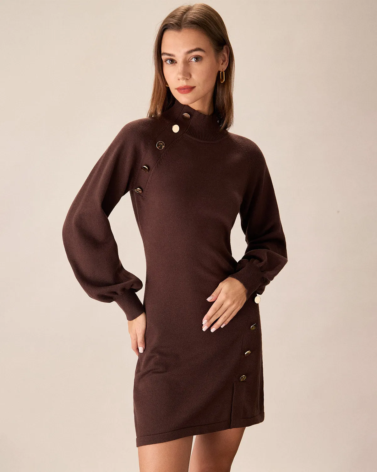 Brown Mock Neck Button Sweater Dress sold by rihoas