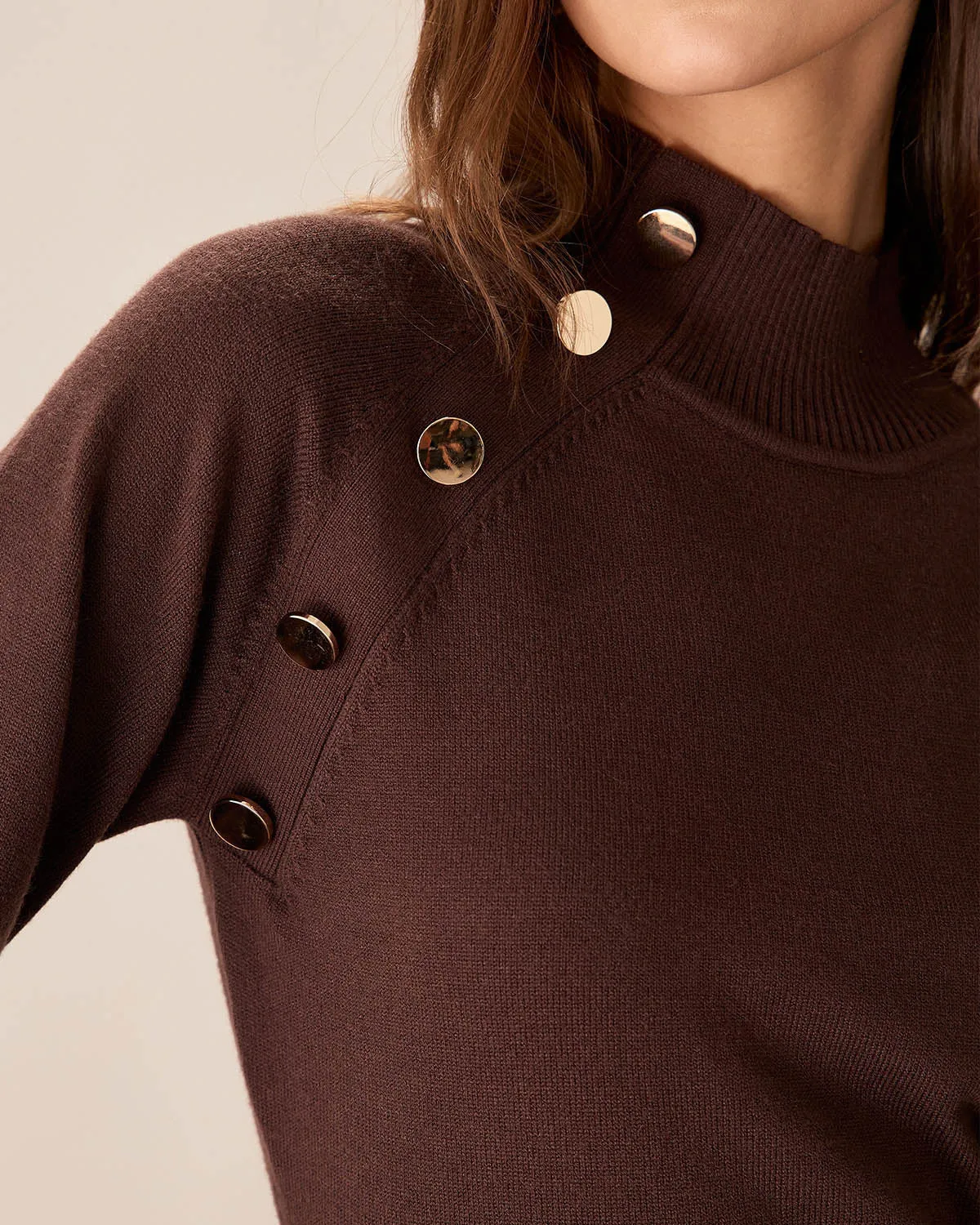 Brown Mock Neck Button Sweater Dress sold by rihoas product image thumbnail 2