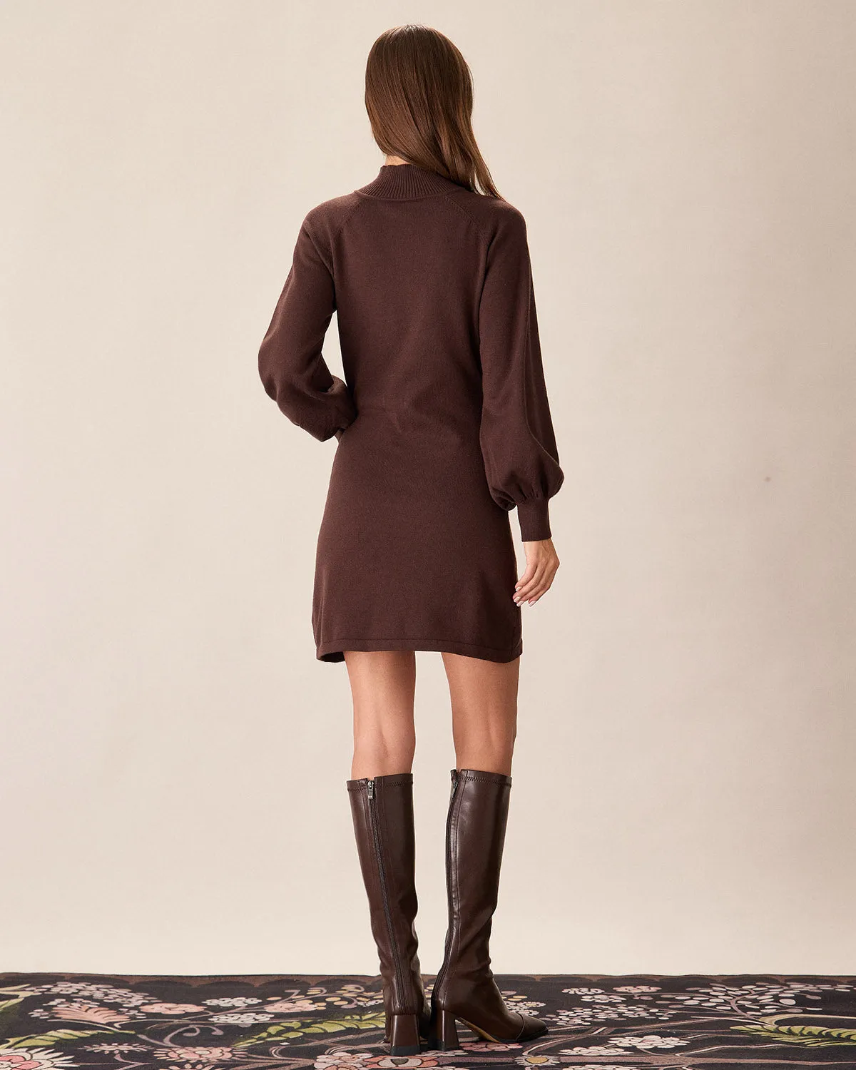 Brown Mock Neck Button Sweater Dress sold by rihoas product image thumbnail 5