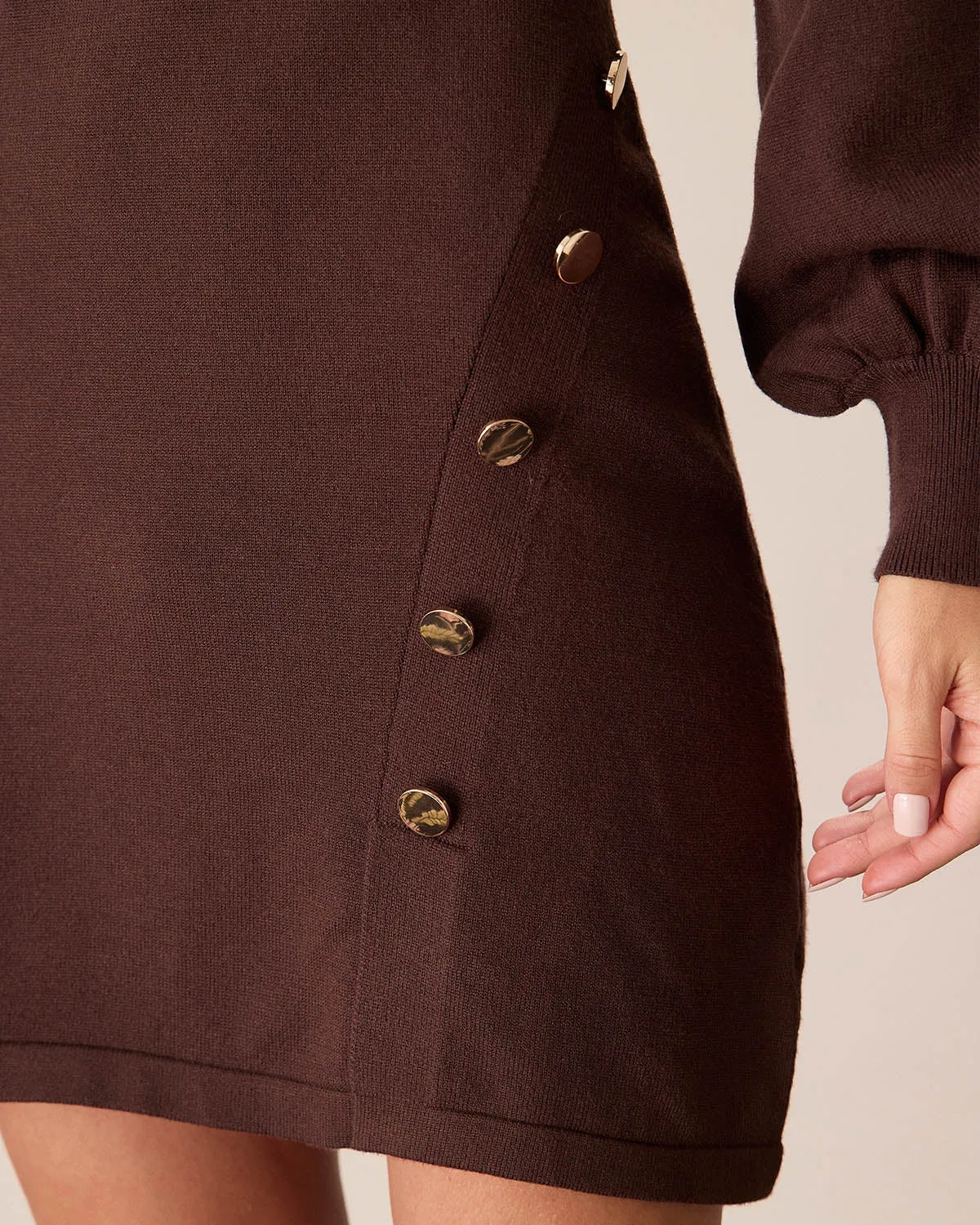 Brown Mock Neck Button Sweater Dress sold by rihoas product image thumbnail 3