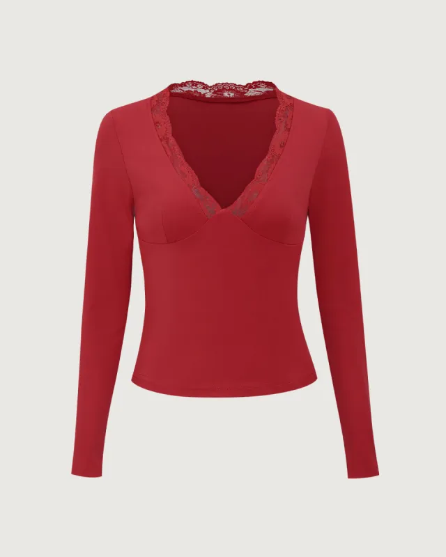 Red V-Neck Lace Slim Tee sold by rihoas