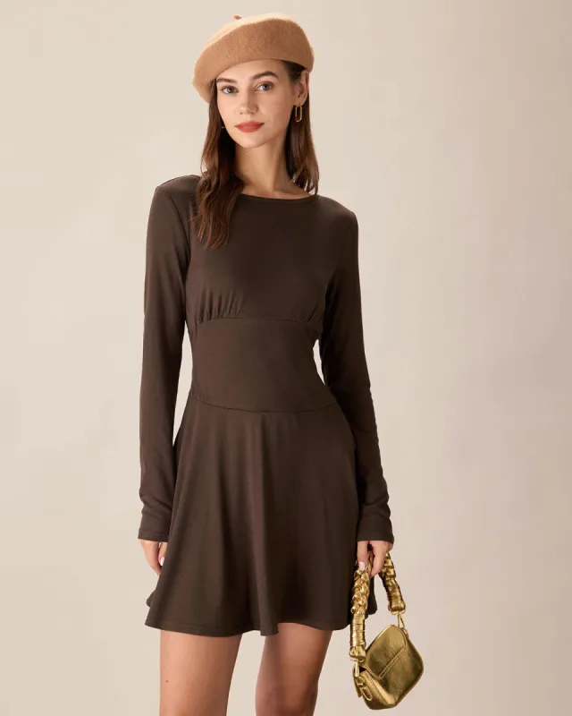 Brown Boat Neck Pleated Mini Dress sold by rihoas