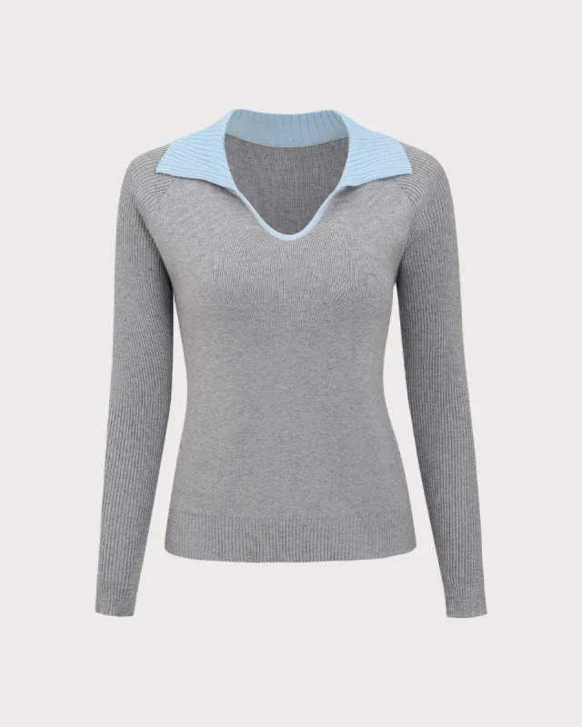 Grey Contrasting V-Neck Slim Sweater sold by rihoas