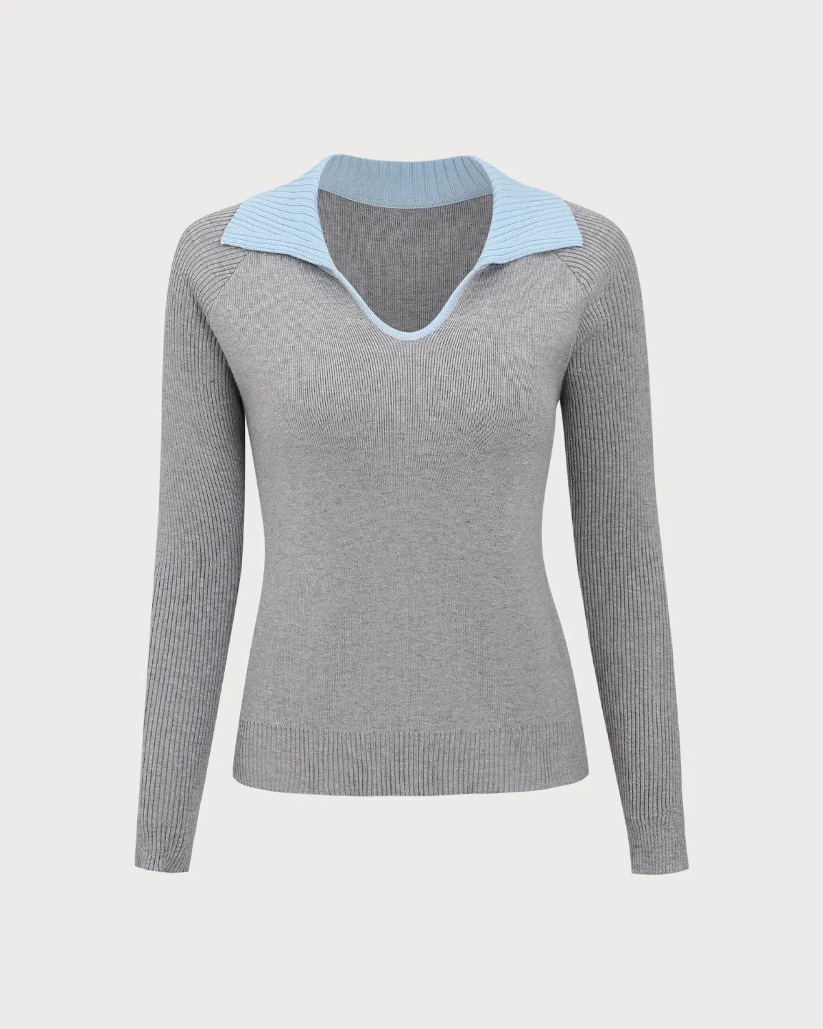 Grey Contrasting V-Neck Slim Sweater sold by rihoas