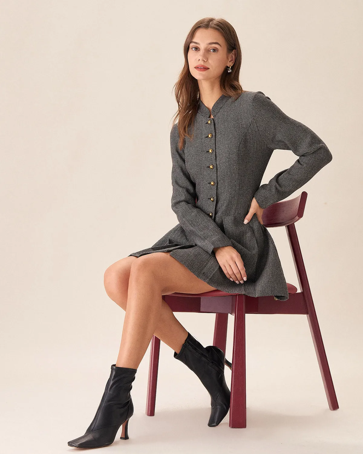 Grey Button Pleated Mini Dress sold by rihoas product image thumbnail 3