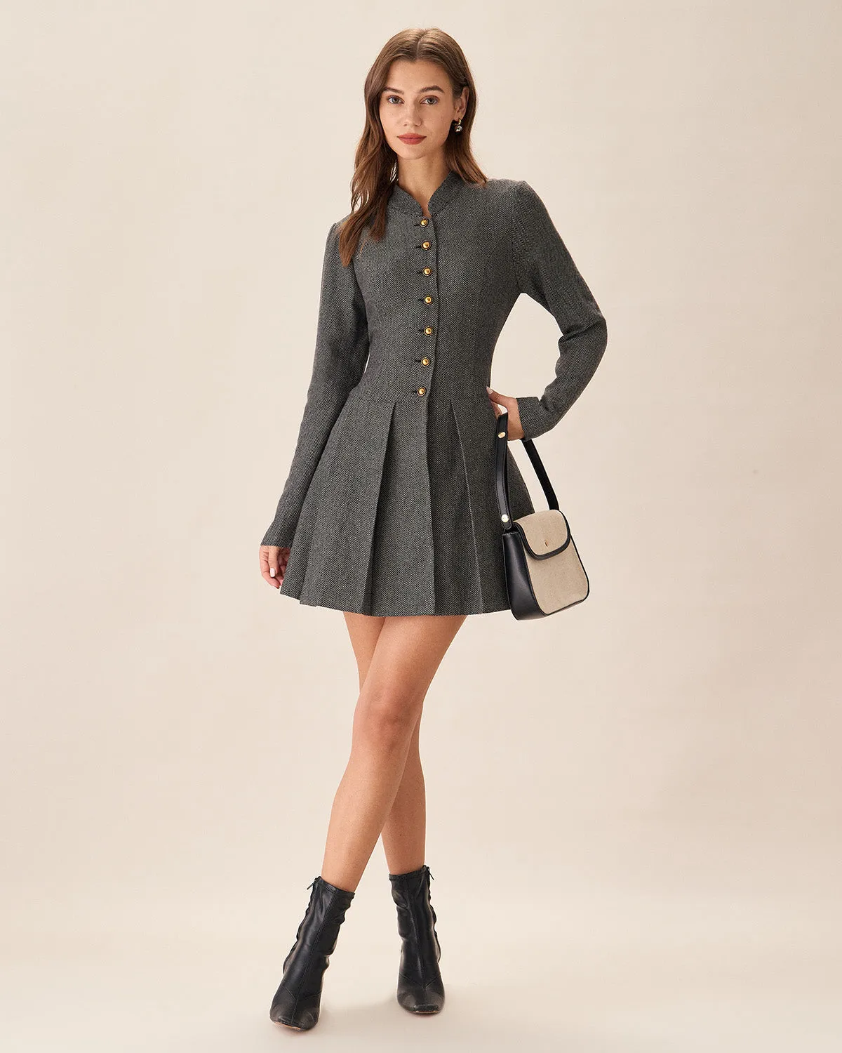 Grey Button Pleated Mini Dress sold by rihoas product image thumbnail 4