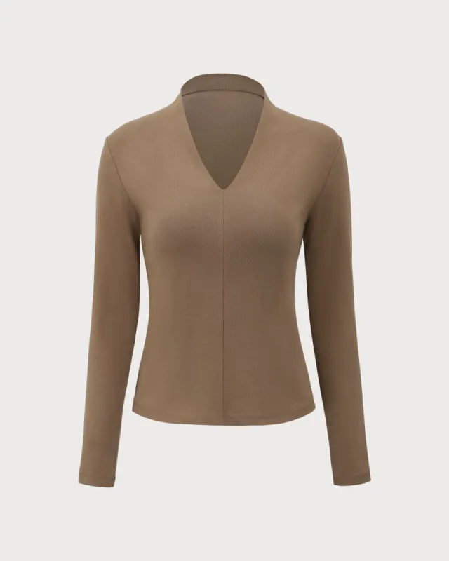 Khaki V-Neck Slim Tee sold by rihoas