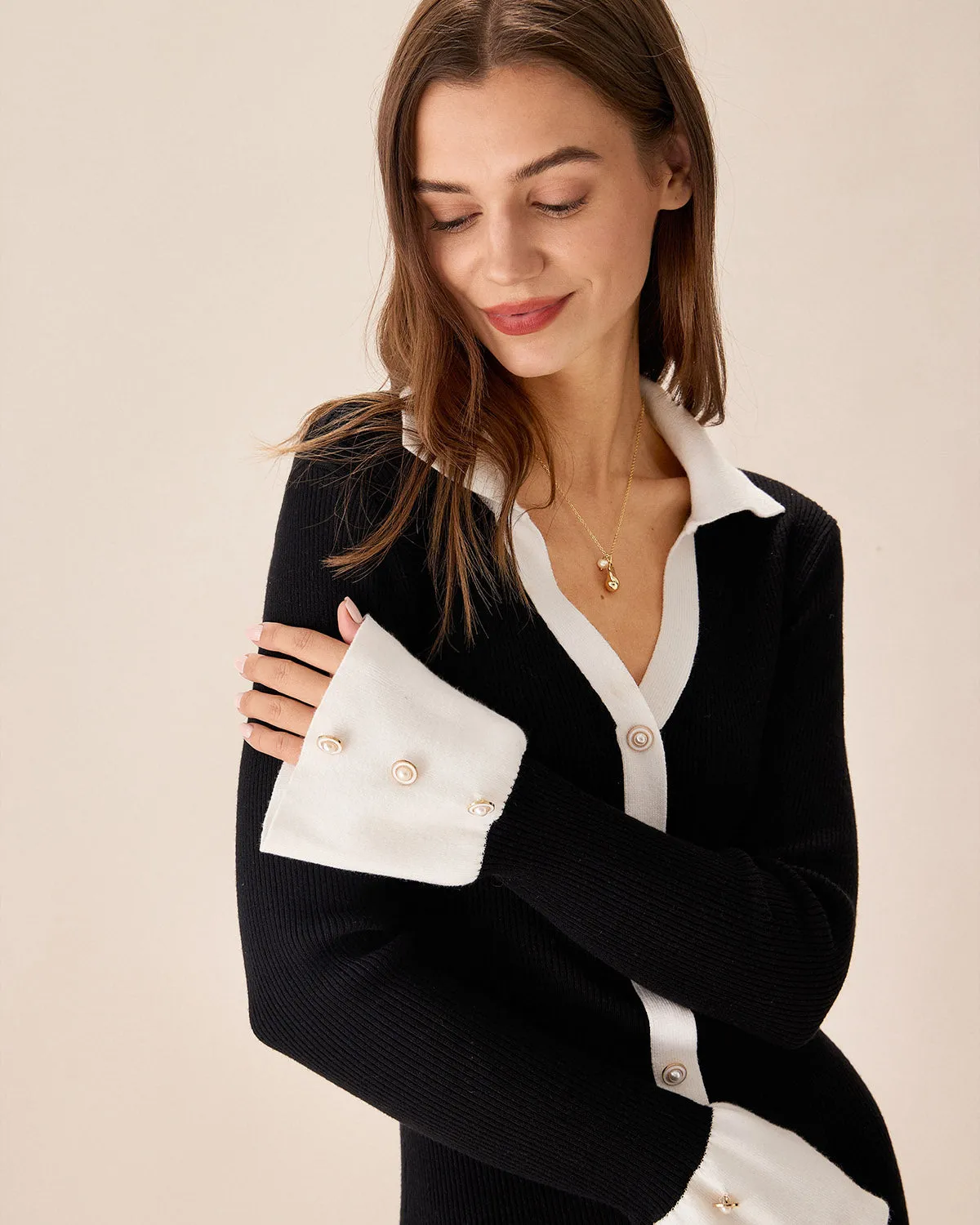 Black Contrasting Bell Sleeve Sweater Dress sold by rihoas product image thumbnail 2