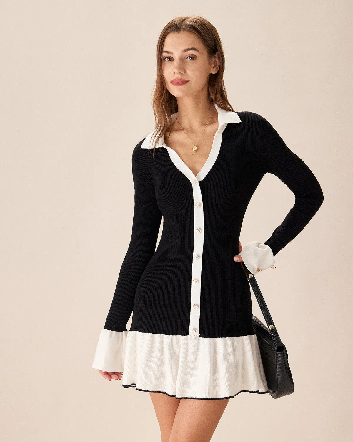 Black Contrasting Bell Sleeve Sweater Dress sold by rihoas