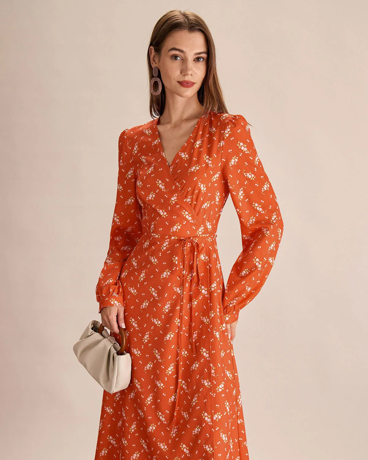 Orange Floral Wrap Midi Dress sold by rihoas product image thumbnail 2