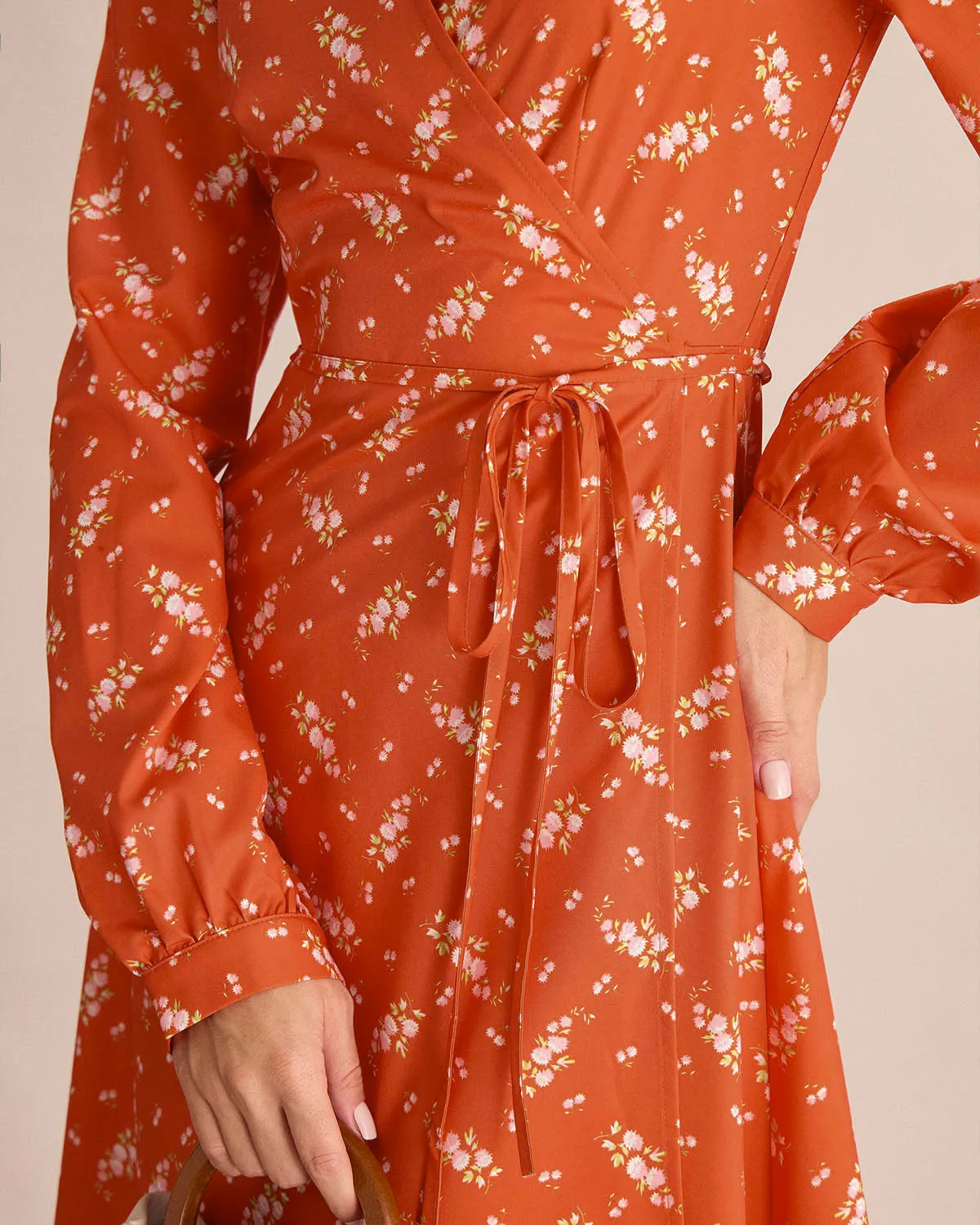 Orange Floral Wrap Midi Dress sold by rihoas product image thumbnail 3