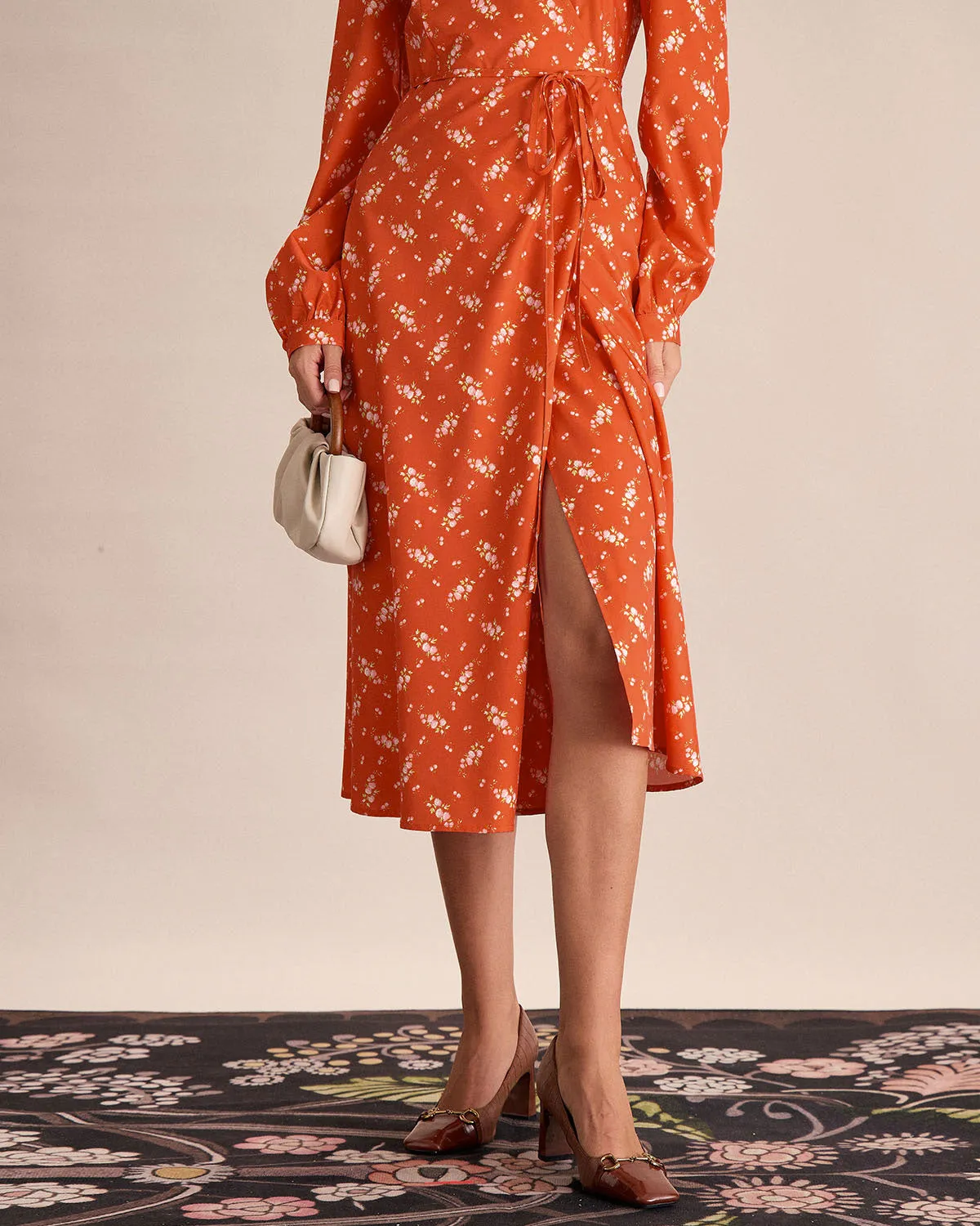 Orange Floral Wrap Midi Dress sold by rihoas product image thumbnail 4